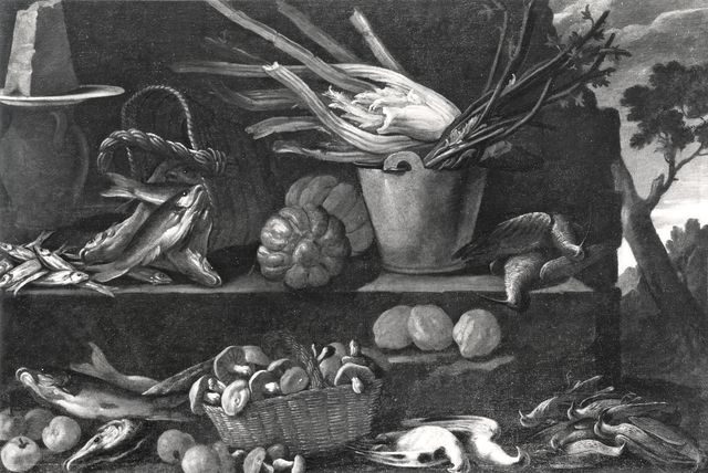 Studio L.A.M.A. — Autore non indicato - sec. XVII - Natura morta con pesci, selvaggina, frutta e ortaggi — insieme